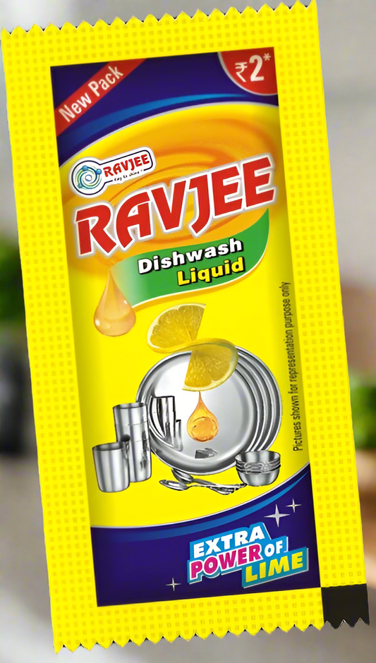 Ravjee dishwash liquid packet with yellow background